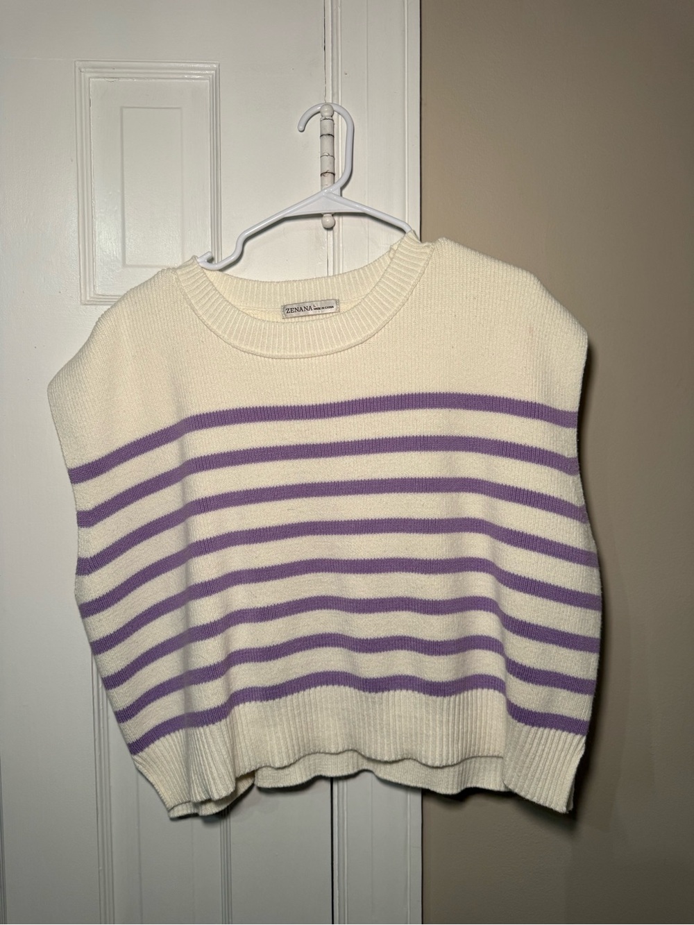 Zenana Outfitters Cream & Lavender Striped Crewneck Sweater
